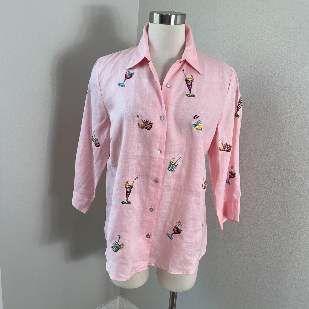 Edward Womens Large Pink 100% Irish Linen Top Cocktail Print 3/4 Sleeve Shirt